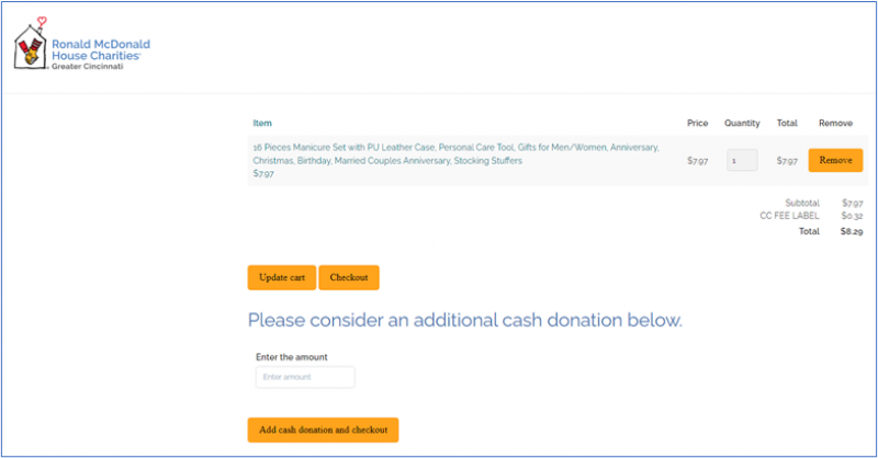 Screenshot of RMHC Cincinnati Checkout Page