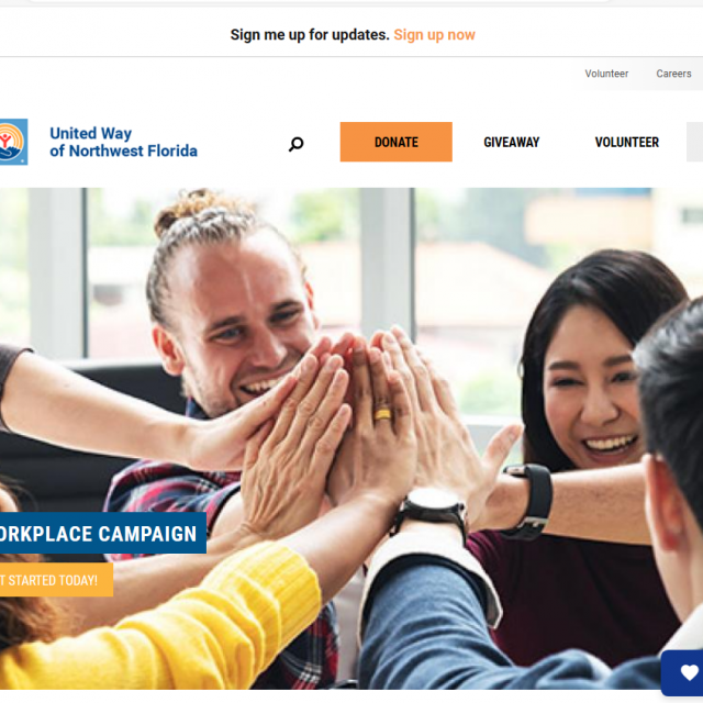 United Way of Northwest Florida's website banner with happy people in a circle giving high-fives 