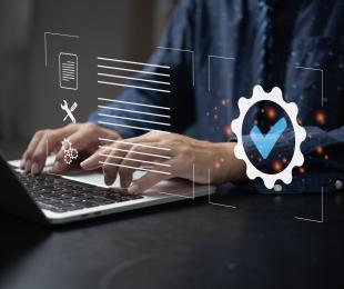 Man typing at laptop with website maintenance checklist overlay