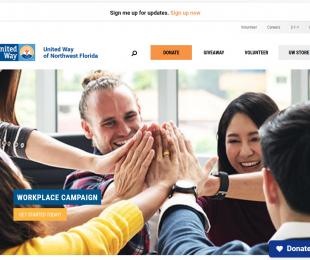 United Way of Northwest Florida's website banner with happy people in a circle giving high-fives